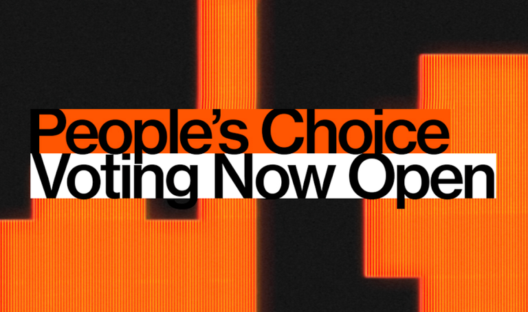 Promotional graphic with text 'People's Choice Voting Now Open' in bold typography against a black and orange background.